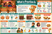 Educational poster about fractions with colorful graphics and text.