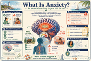 Infographic explaining anxiety with brain illustration and various sections.