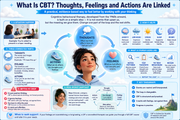 Infographic explaining Cognitive Behavioral Therapy with a woman's face in the center.