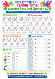 Grade 1 quarter past and quarter to printable clock worksheet
