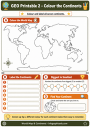 World map coloring sheet with continents to color and label, educational content from infograhicedu.com