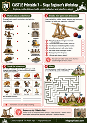 Castle-themed educational worksheet with activities for a siege engineer's workshop.