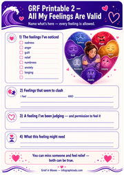 Worksheet titled 'All My Feelings Are Valid' with heart-shaped characters and text on a purple background.