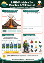 Educational worksheet on mountains and volcanoes with labeled volcano, mountain peaks, and weather icons.