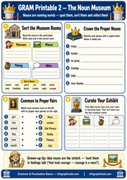 Educational worksheet from The Noun Museum with various activities on nouns.
