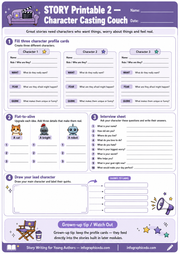Character casting worksheet for storytelling with a purple border and colorful illustrations.