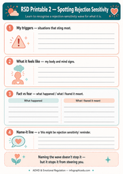 Worksheet titled 'RSD Printable 2 - Spotting Rejection Sensitivity' with sections for triggers, feelings, facts vs fears, and name-it line.