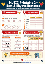 Educational worksheet for music, beat, and rhythm practice with various activities.