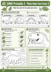Dinosaur-themed plant-eater fact cards for educational use, featuring cut-out, match, label, color, and checklist activities.