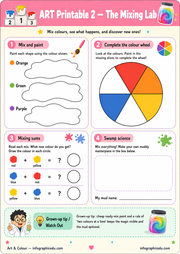 Educational worksheet titled 'ART Printable 2 - The Mixing Lab' with color mixing activities.