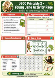 Young Jane activity page with various educational activities on a green background