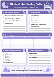 Safer sleep setup checklist for babies with a purple and white color scheme.