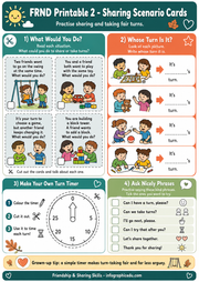 Set of FRND Printable Sharing Scenario Cards for practicing sharing and taking turns.