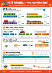 Educational worksheet for measuring length with cubes and objects, featuring colorful graphics and text.