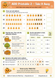 Educational worksheet for addition and subtraction with a cartoon character theme.