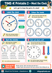 Educational worksheet for children to learn about clocks, including labeling, coloring, spotting mistakes, and a craft activity.