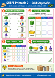 Educational worksheet on solid shapes with various activities and illustrations.