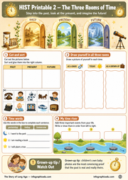 Educational worksheet titled 'The Three Rooms of Time' with cut-out images and space for drawing.