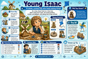 Educational infographic about Young Isaac, a clever and curious boy who loved making things.