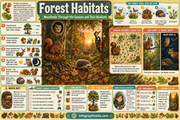 Educational poster about forest habitats with various animals and information.