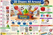 Educational poster about 3D shapes with colorful illustrations and text.