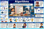 Educational infographic about algorithms with cartoon characters and step-by-step instructions.