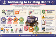 Educational infographic on anchoring to existing habits with colorful icons and text.