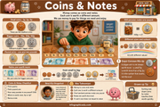 Educational poster about coins and notes with illustrations and text.