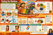 Educational poster about eating a rainbow with colorful foods and activities.