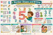 Educational poster about number shapes and writing with colorful graphics and text.