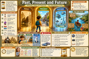 Educational poster about time with past, present, and future rooms.
