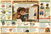 Educational poster on predicting pictures and reading comprehension with illustrations and text.