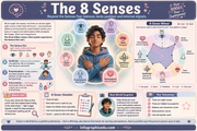 Educational poster about the eight senses with a person illustration and various sensory icons.