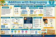 Grade 2 addition with regrouping educational infographic with worked examples