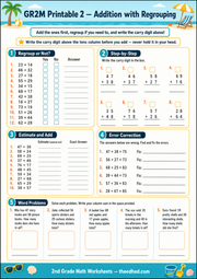 Printable Grade 2 addition with regrouping worksheet with column addition practice