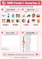 Hearing page from a five senses educational resource with various sound-related activities.