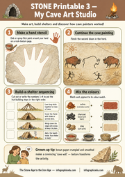 Educational worksheet on creating cave art and shelters with illustrations and text.