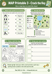 Educational worksheet for children with map skills activities and a key to decode clues.
