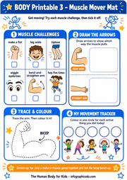 Children's activity sheet with muscle challenges, drawing arrows, tracing, and coloring activities.
