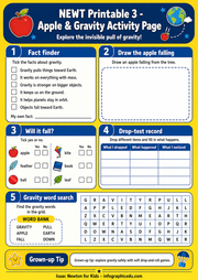 Newt Printable 3 Apple & Gravity Activity Page with educational activities on a yellow background