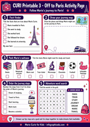 Marie Curie for Kids course shown on laptop, tablet and printables