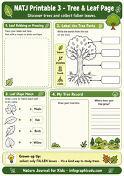 Educational worksheet for children about trees and leaves with various activities.