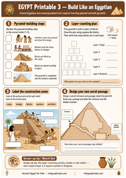 Educational worksheet about ancient Egyptian pyramid construction with illustrations and text.