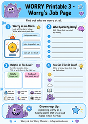 Worry printable worksheet with cartoon monsters and educational content on worry management.