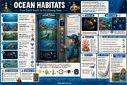 Educational poster about ocean habitats with illustrations and text.