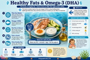 Infographic about healthy fats, omega-3, and DHA with a plate of food and fish oil.