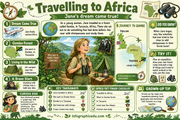 Educational infographic about Jane's journey to Africa, featuring a timeline, maps, and illustrations.