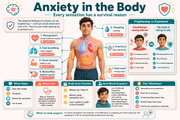 Educational infographic about anxiety in the body with anatomical illustrations and text.