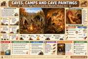 Educational poster about caves, camps, and cave paintings with illustrations and text.