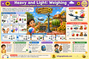 Educational poster about heavy and light objects using balance scales, featuring a child and various objects.